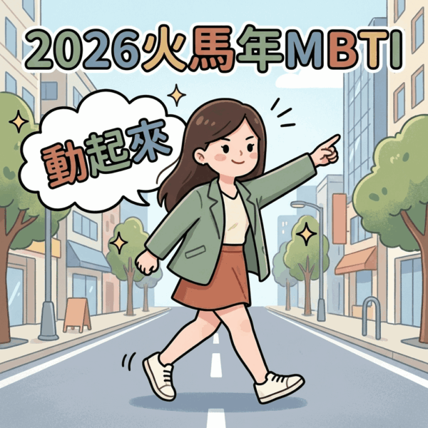 2026 MBTI 運勢分析圖表,涵蓋火馬年 16 型人格工作運、財運與愛情運勢建議。