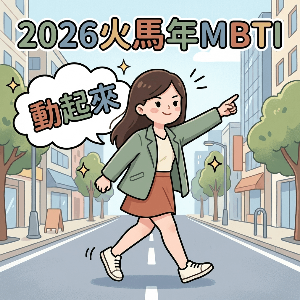 2026 MBTI 運勢分析圖表,涵蓋火馬年 16 型人格工作運、財運與愛情運勢建議。