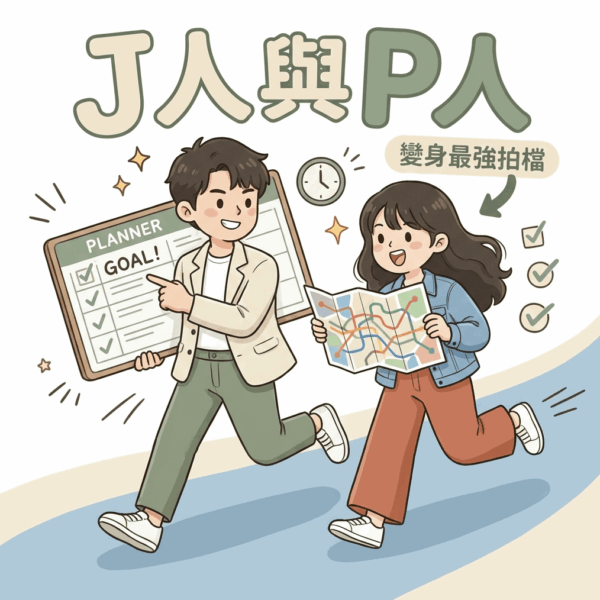 J人P人差別對比圖,包含判斷與感知的人格特質差異、旅行風格、工作決策模式與MBTI相處建議。