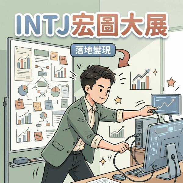 INTJ 2026 運勢分析圖表,包含事業策略、財運佈局與職場溝通技巧的思維導圖。