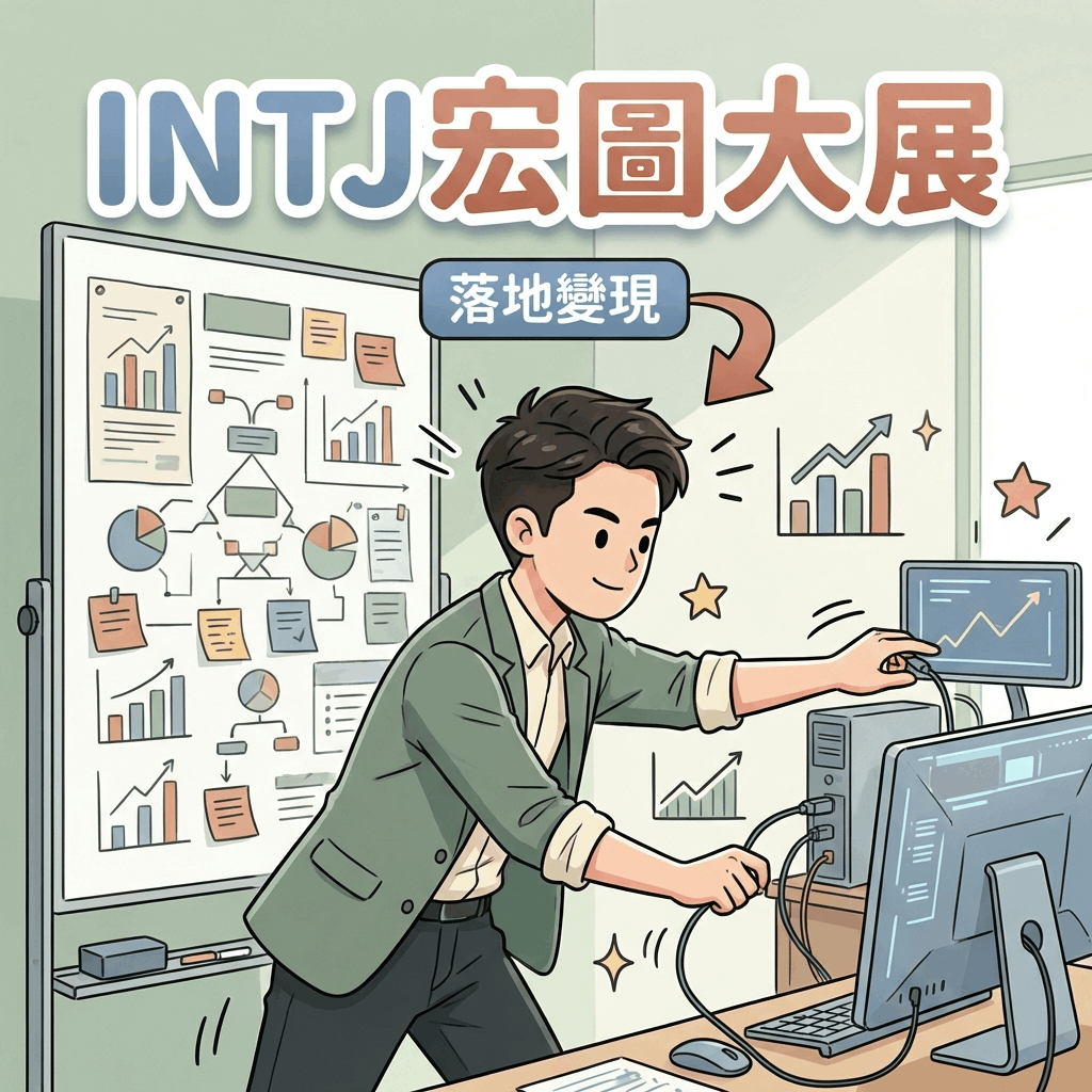 INTJ 2026 運勢分析圖表，包含事業策略、財運佈局與職場溝通技巧的思維導圖。